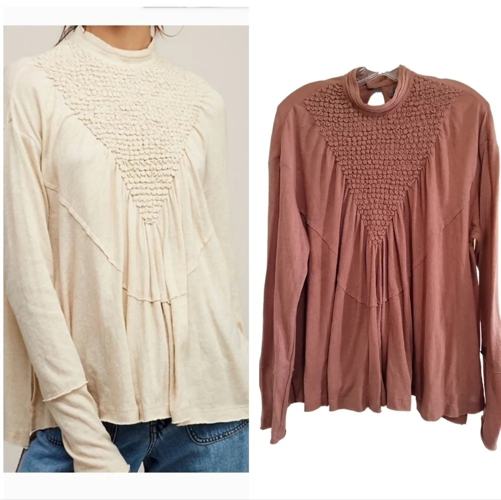 Free People New Romantics Lena Mock Neck Blouse Medium High Neck Flowy Side Slit